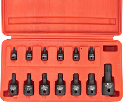 10281B Impact Torx Bit Socket Set, 1/4", 3/8" and 1/2" Drive, 6 Point Star Sockets, Heavy Duty Impact Grade Cr-Mo, T10 to T60 High Impact, Professional Grade Auto & Motorcycle Mechanic Socket