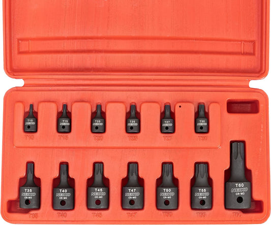 10281B Impact Torx Bit Socket Set, 1/4", 3/8" and 1/2" Drive, 6 Point Star Sockets, Heavy Duty Impact Grade Cr-Mo, T10 to T60 High Impact, Professional Grade Auto & Motorcycle Mechanic Socket