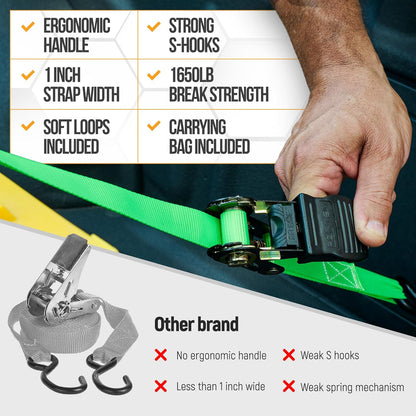 Ratchet Straps, 1650Lb Break Strength, 4 Pack 15Ft X 1In Tie down Strap Set, 4 Soft Loops, Motorcycle Straps Tie Downs, Cargo Cam Buckles for Trucks, Rubber Handles, Carry Bag