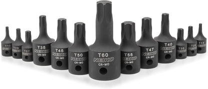 10281B Impact Torx Bit Socket Set, 1/4", 3/8" and 1/2" Drive, 6 Point Star Sockets, Heavy Duty Impact Grade Cr-Mo, T10 to T60 High Impact, Professional Grade Auto & Motorcycle Mechanic Socket