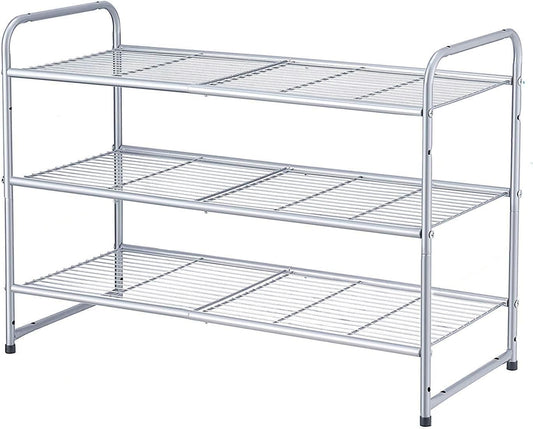 3-Tier Stackable Shoe Rack, Expandable & Adjustable Shoe Shelf Storage Organizer, Wire Grid, Silver