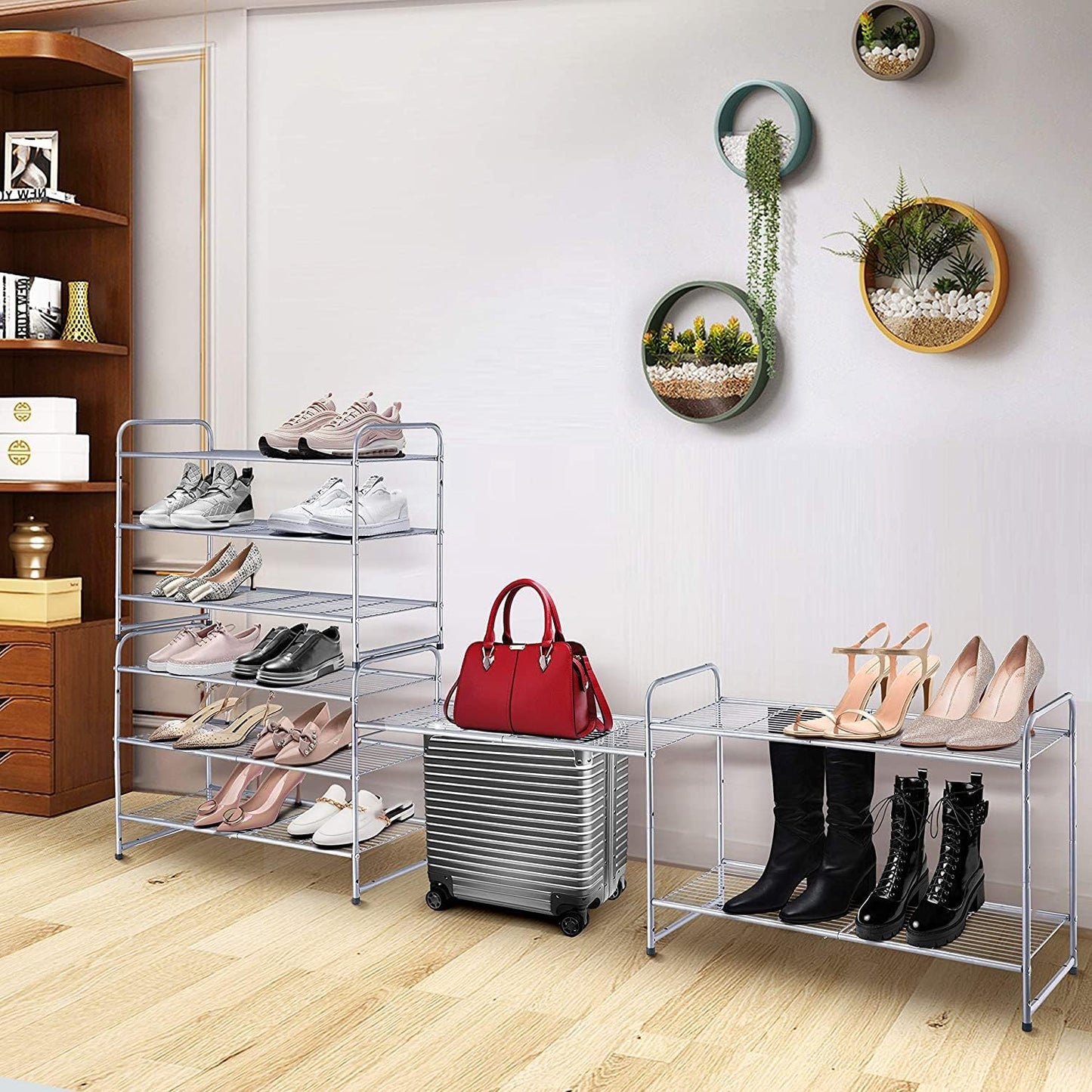 3-Tier Stackable Shoe Rack, Expandable & Adjustable Shoe Shelf Storage Organizer, Wire Grid, Silver