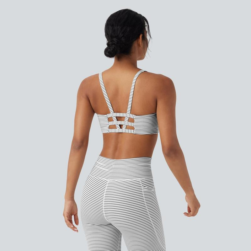 Halara 2-Piece Low Support U Neck Cut Out Stripe Yoga Sports Bra & High Waisted Drawstring Striped Yoga Pants with Pockets Set