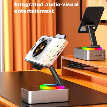 Bluetooth-Compatible Audio Power Phone Holder Rotating Phone Stand with Wireless Speaker Foldable Adjustable Cell Phone Stand