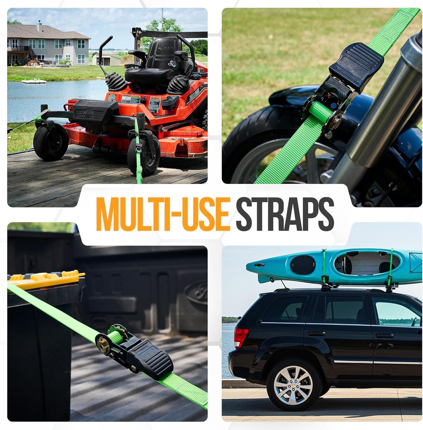 Ratchet Straps, 1650Lb Break Strength, 4 Pack 15Ft X 1In Tie down Strap Set, 4 Soft Loops, Motorcycle Straps Tie Downs, Cargo Cam Buckles for Trucks, Rubber Handles, Carry Bag