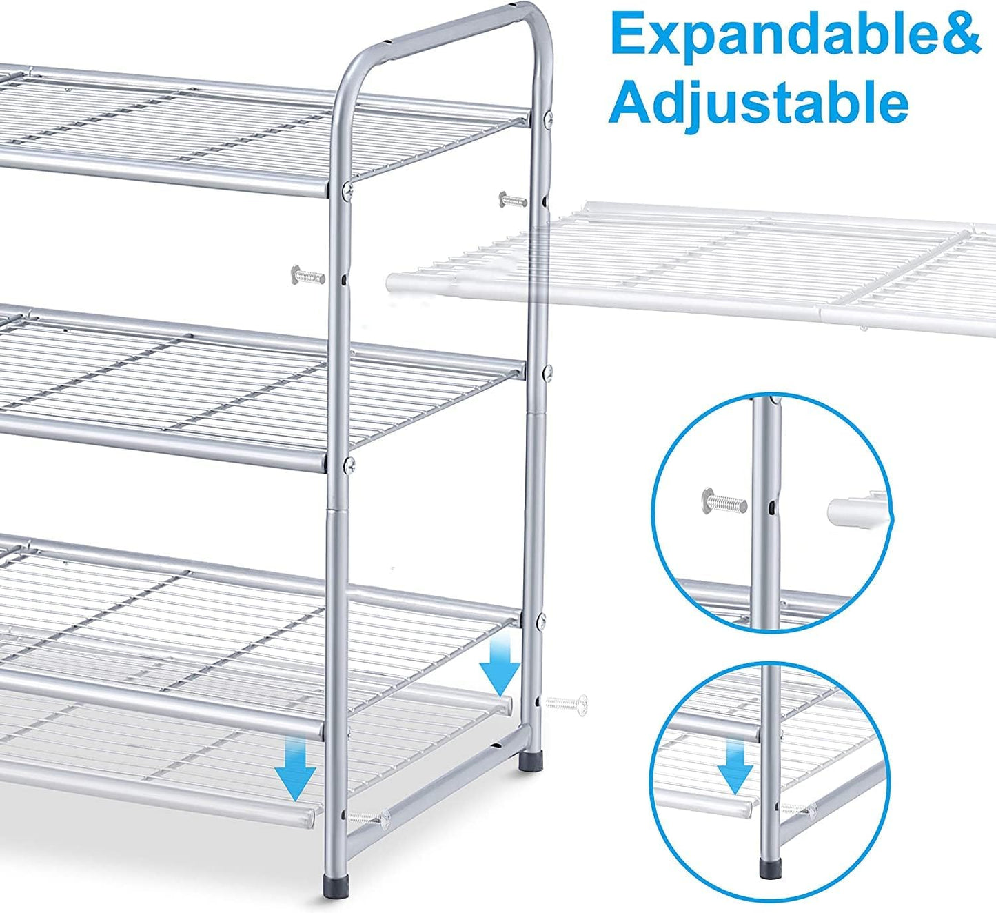 3-Tier Stackable Shoe Rack, Expandable & Adjustable Shoe Shelf Storage Organizer, Wire Grid, Silver