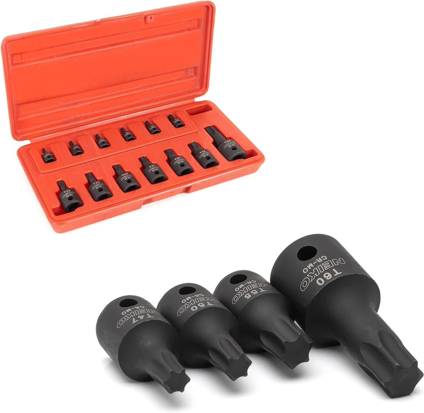 10281B Impact Torx Bit Socket Set, 1/4", 3/8" and 1/2" Drive, 6 Point Star Sockets, Heavy Duty Impact Grade Cr-Mo, T10 to T60 High Impact, Professional Grade Auto & Motorcycle Mechanic Socket