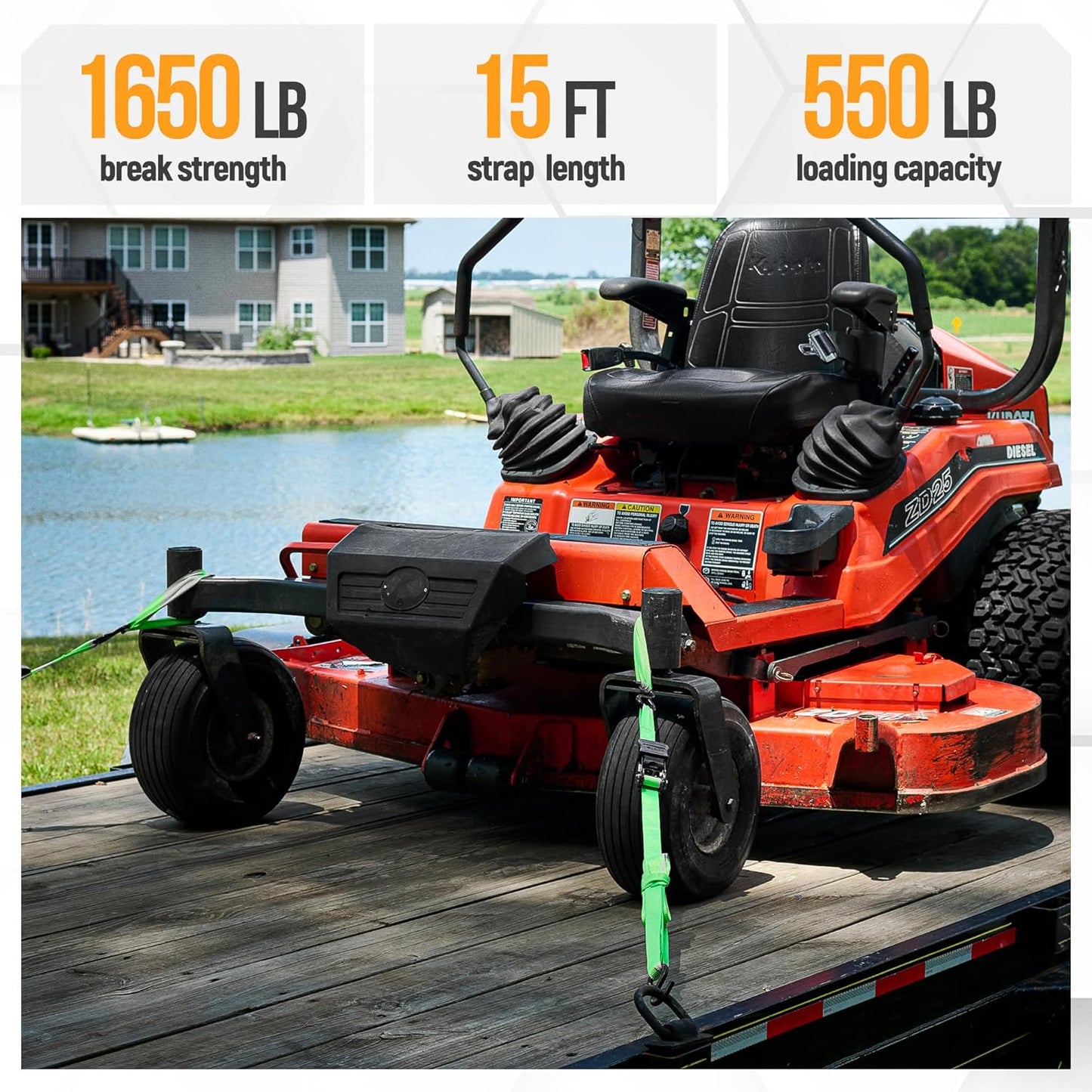 Ratchet Straps, 1650Lb Break Strength, 4 Pack 15Ft X 1In Tie down Strap Set, 4 Soft Loops, Motorcycle Straps Tie Downs, Cargo Cam Buckles for Trucks, Rubber Handles, Carry Bag