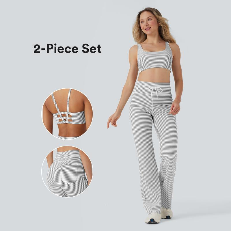 Halara 2-Piece Low Support U Neck Cut Out Stripe Yoga Sports Bra & High Waisted Drawstring Striped Yoga Pants with Pockets Set