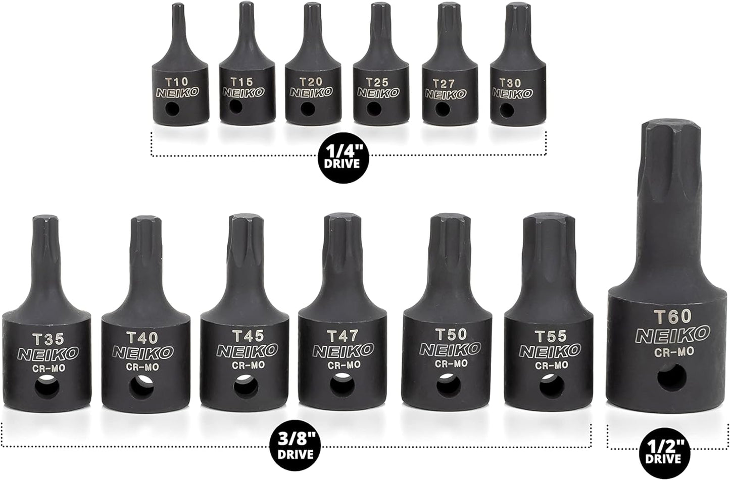 10281B Impact Torx Bit Socket Set, 1/4", 3/8" and 1/2" Drive, 6 Point Star Sockets, Heavy Duty Impact Grade Cr-Mo, T10 to T60 High Impact, Professional Grade Auto & Motorcycle Mechanic Socket