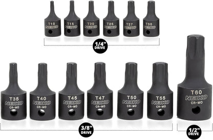 10281B Impact Torx Bit Socket Set, 1/4", 3/8" and 1/2" Drive, 6 Point Star Sockets, Heavy Duty Impact Grade Cr-Mo, T10 to T60 High Impact, Professional Grade Auto & Motorcycle Mechanic Socket