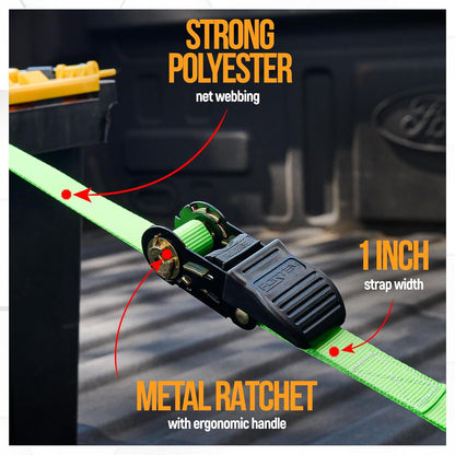 Ratchet Straps, 1650Lb Break Strength, 4 Pack 15Ft X 1In Tie down Strap Set, 4 Soft Loops, Motorcycle Straps Tie Downs, Cargo Cam Buckles for Trucks, Rubber Handles, Carry Bag