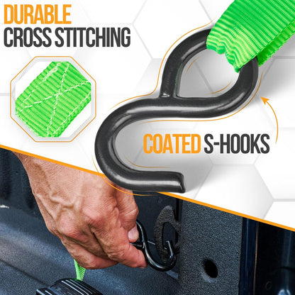 Ratchet Straps, 1650Lb Break Strength, 4 Pack 15Ft X 1In Tie down Strap Set, 4 Soft Loops, Motorcycle Straps Tie Downs, Cargo Cam Buckles for Trucks, Rubber Handles, Carry Bag