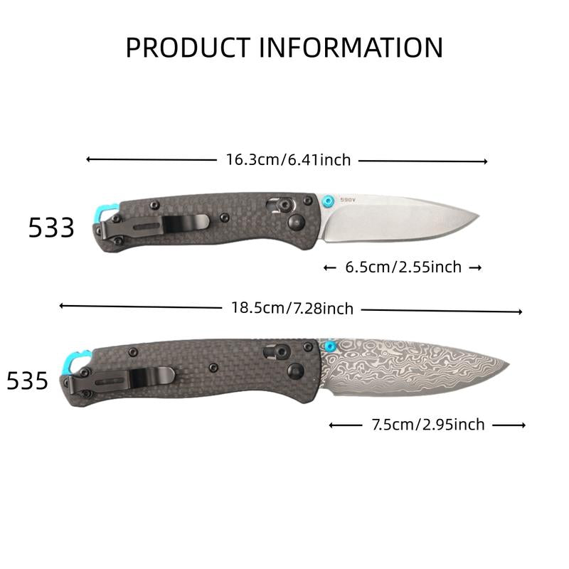 1Pc 533/535 Folding Knife, Carbon Fiber Handle, Damascus Steel Blade, Multifunctional Outdoor Portable Pocket Knife, Ultra Sharp Outdoor Hunting Knife, Suitable for Camping, Hunting, Fishing, Daily Carrying (EDC) - Halloween, Christmas Gifts